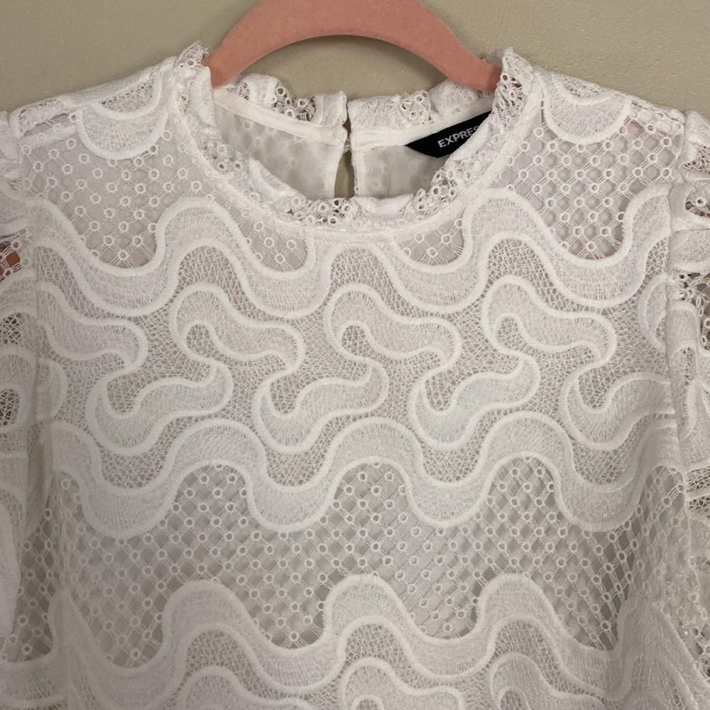 Express Ribbon Lace Ruffle Neck Top - White - XS - Picture 7 of 13